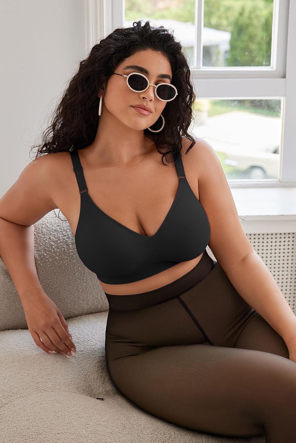 imageOEAK Womens Seamless Bras Comfortable Bra No Underwire Full Support Bralette Push Up Plus Size V Neck Sleeping Tshirt BrasBlack