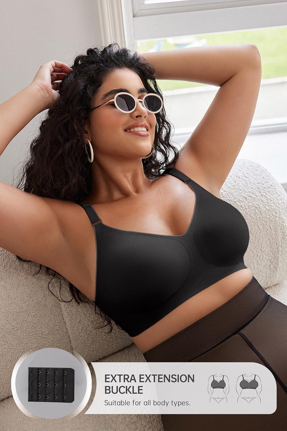 imageOEAK Womens Seamless Bras Comfortable Bra No Underwire Full Support Bralette Push Up Plus Size V Neck Sleeping Tshirt BrasBlack