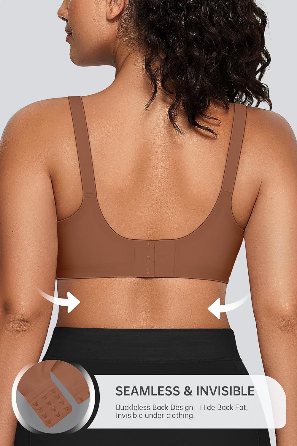 imageOEAK Womens Seamless Bras Comfortable Bra No Underwire Full Support Bralette Push Up Plus Size V Neck Sleeping Tshirt BrasCoffee