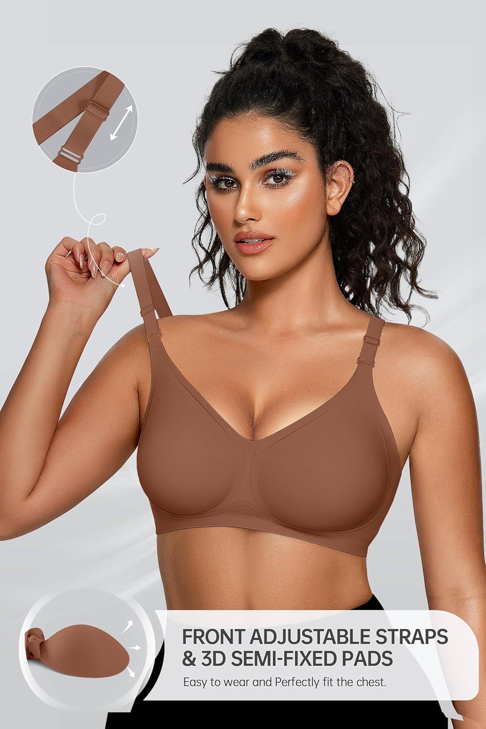 imageOEAK Womens Seamless Bras Comfortable Bra No Underwire Full Support Bralette Push Up Plus Size V Neck Sleeping Tshirt BrasCoffee