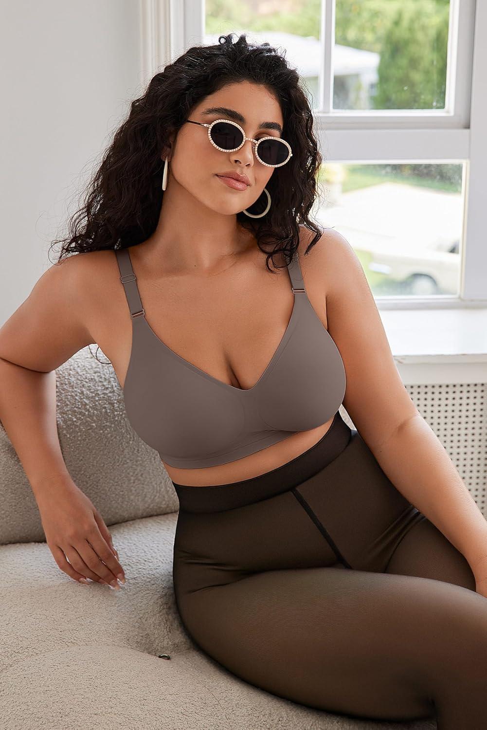 imageOEAK Womens Seamless Bras Comfortable Bra No Underwire Full Support Bralette Push Up Plus Size V Neck Sleeping Tshirt BrasGrey