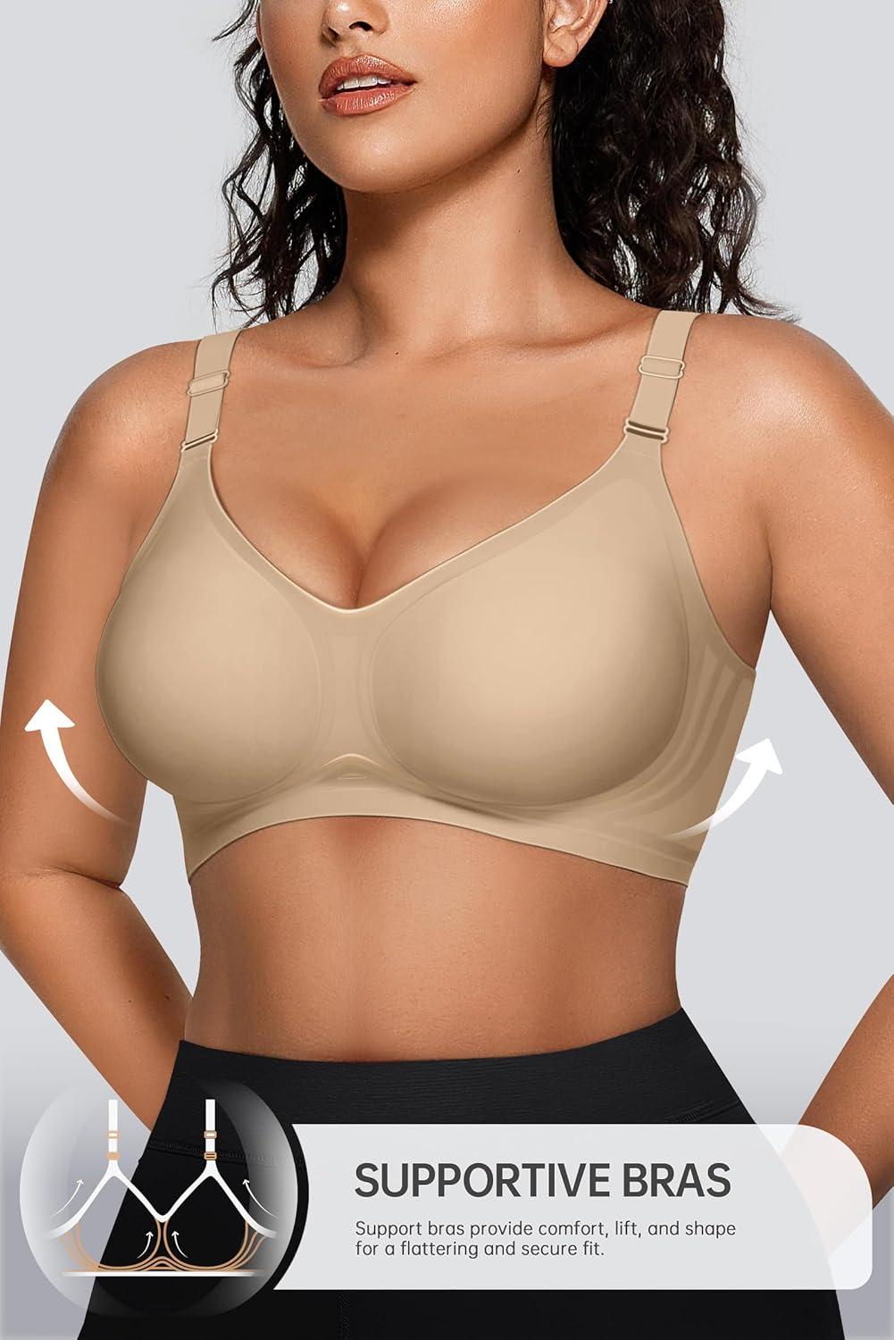 imageOEAK Womens Seamless Bras Comfortable Bra No Underwire Full Support Bralette Push Up Plus Size V Neck Sleeping Tshirt BrasOatmeal