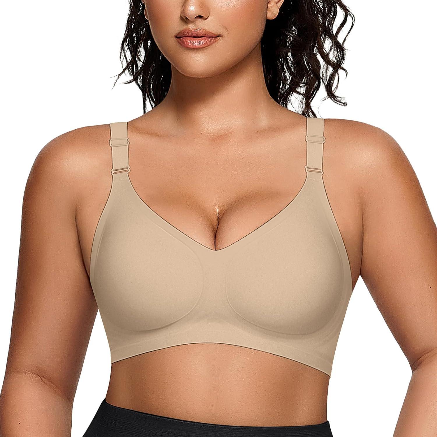 imageOEAK Womens Seamless Bras Comfortable Bra No Underwire Full Support Bralette Push Up Plus Size V Neck Sleeping Tshirt BrasOatmeal