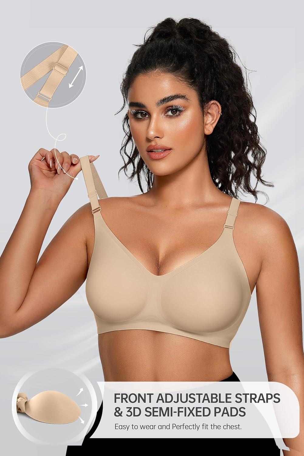 imageOEAK Womens Seamless Bras Comfortable Bra No Underwire Full Support Bralette Push Up Plus Size V Neck Sleeping Tshirt BrasOatmeal