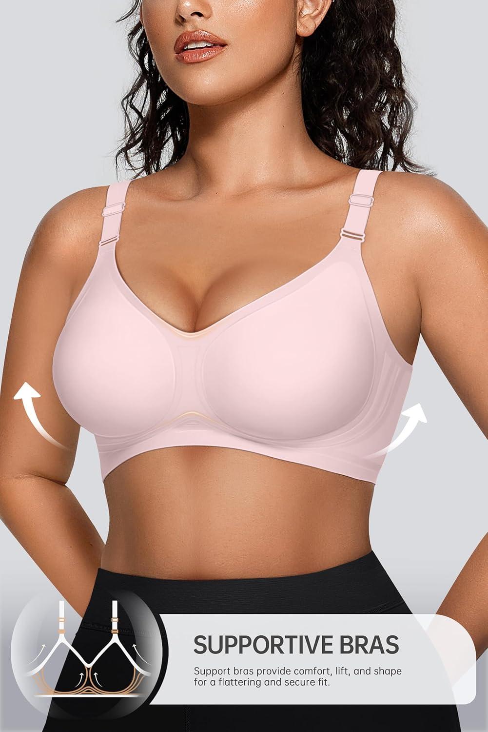 imageOEAK Womens Seamless Bras Comfortable Bra No Underwire Full Support Bralette Push Up Plus Size V Neck Sleeping Tshirt BrasPink