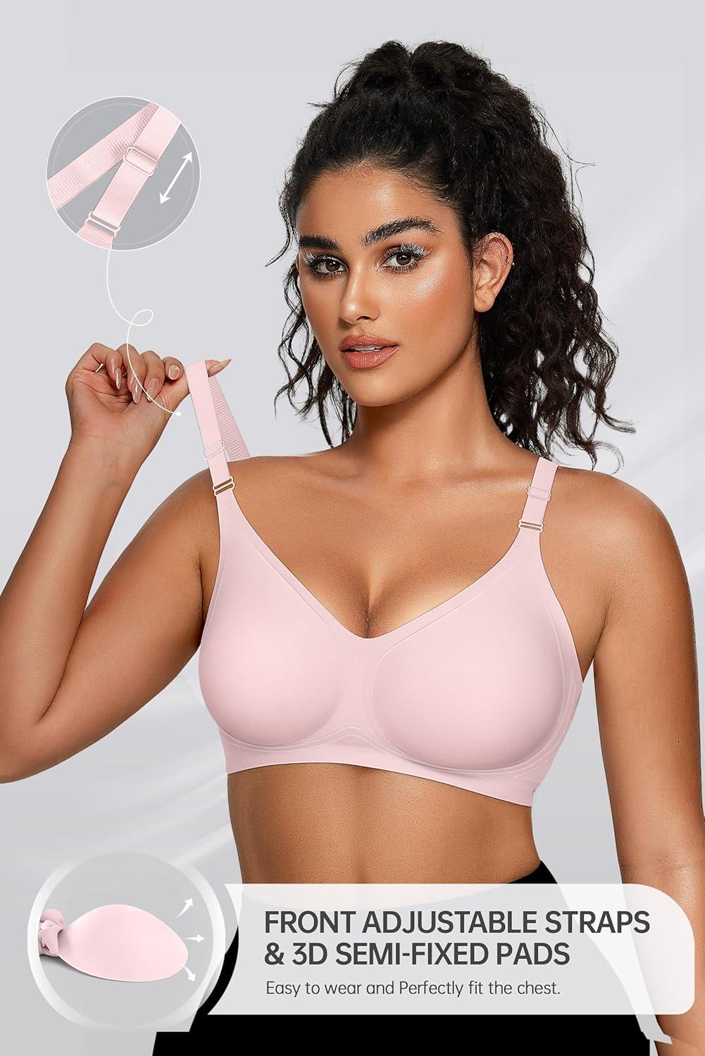 imageOEAK Womens Seamless Bras Comfortable Bra No Underwire Full Support Bralette Push Up Plus Size V Neck Sleeping Tshirt BrasPink