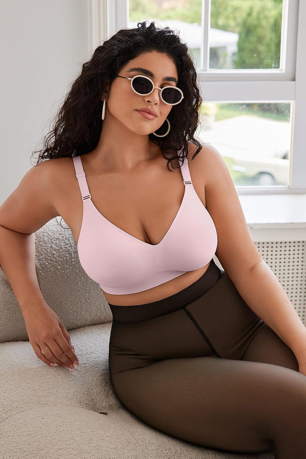 imageOEAK Womens Seamless Bras Comfortable Bra No Underwire Full Support Bralette Push Up Plus Size V Neck Sleeping Tshirt BrasPink