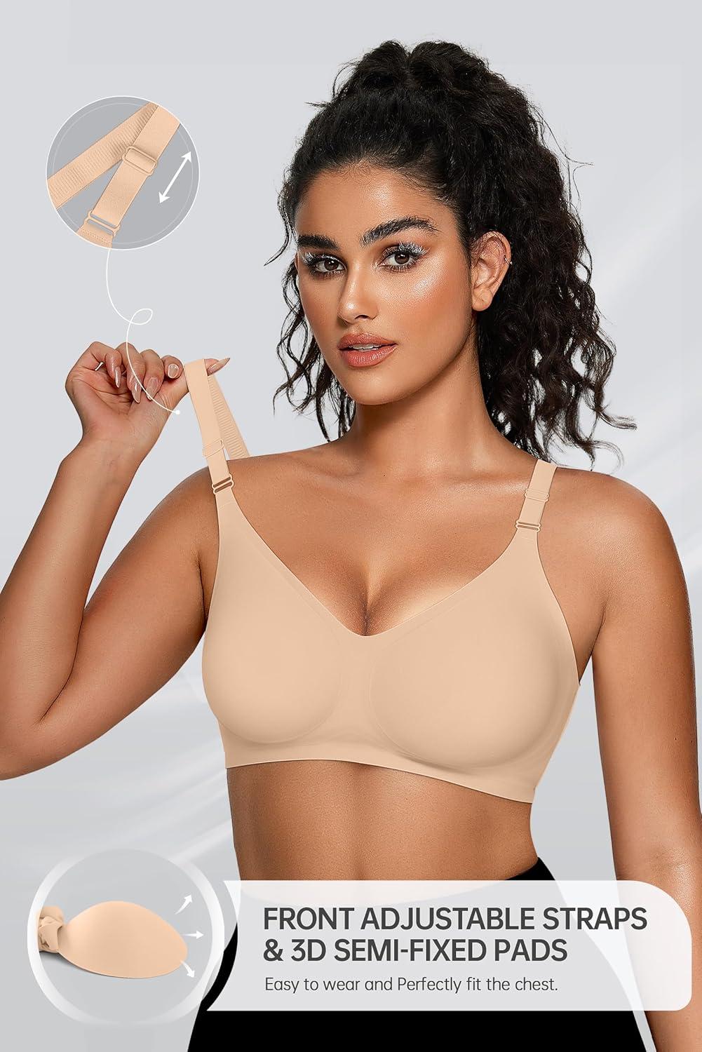 imageOEAK Womens Seamless Bras Comfortable Bra No Underwire Full Support Bralette Push Up Plus Size V Neck Sleeping Tshirt BrasSkin Nude