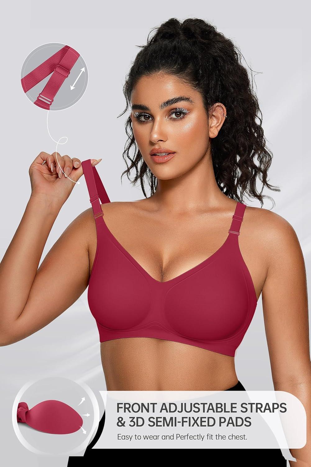 imageOEAK Womens Seamless Bras Comfortable Bra No Underwire Full Support Bralette Push Up Plus Size V Neck Sleeping Tshirt BrasWine Red