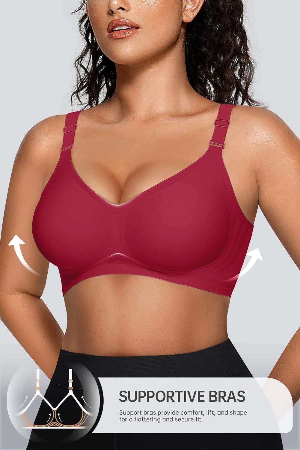 imageOEAK Womens Seamless Bras Comfortable Bra No Underwire Full Support Bralette Push Up Plus Size V Neck Sleeping Tshirt BrasWine Red