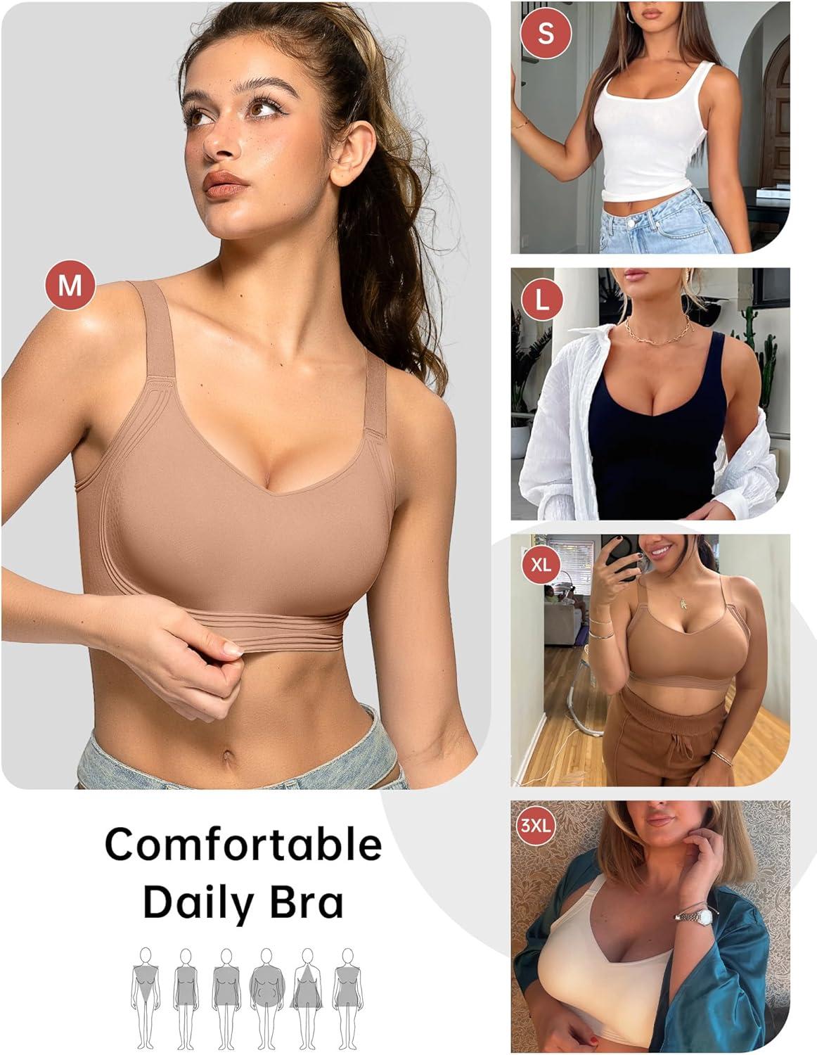 imageOEAK Womens Seamless Push Up Bras No Underwire Full Coverage Anti Sagging Comfortable Bras V Neck Bra Wireless Everyday Bra ApricotL