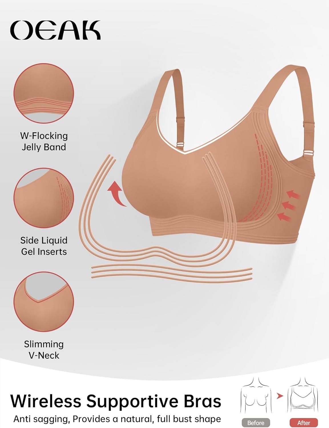 imageOEAK Womens Seamless Push Up Bras No Underwire Full Coverage Comfortable Bra V Neck Bralettes Wireless Everyday BraApricot