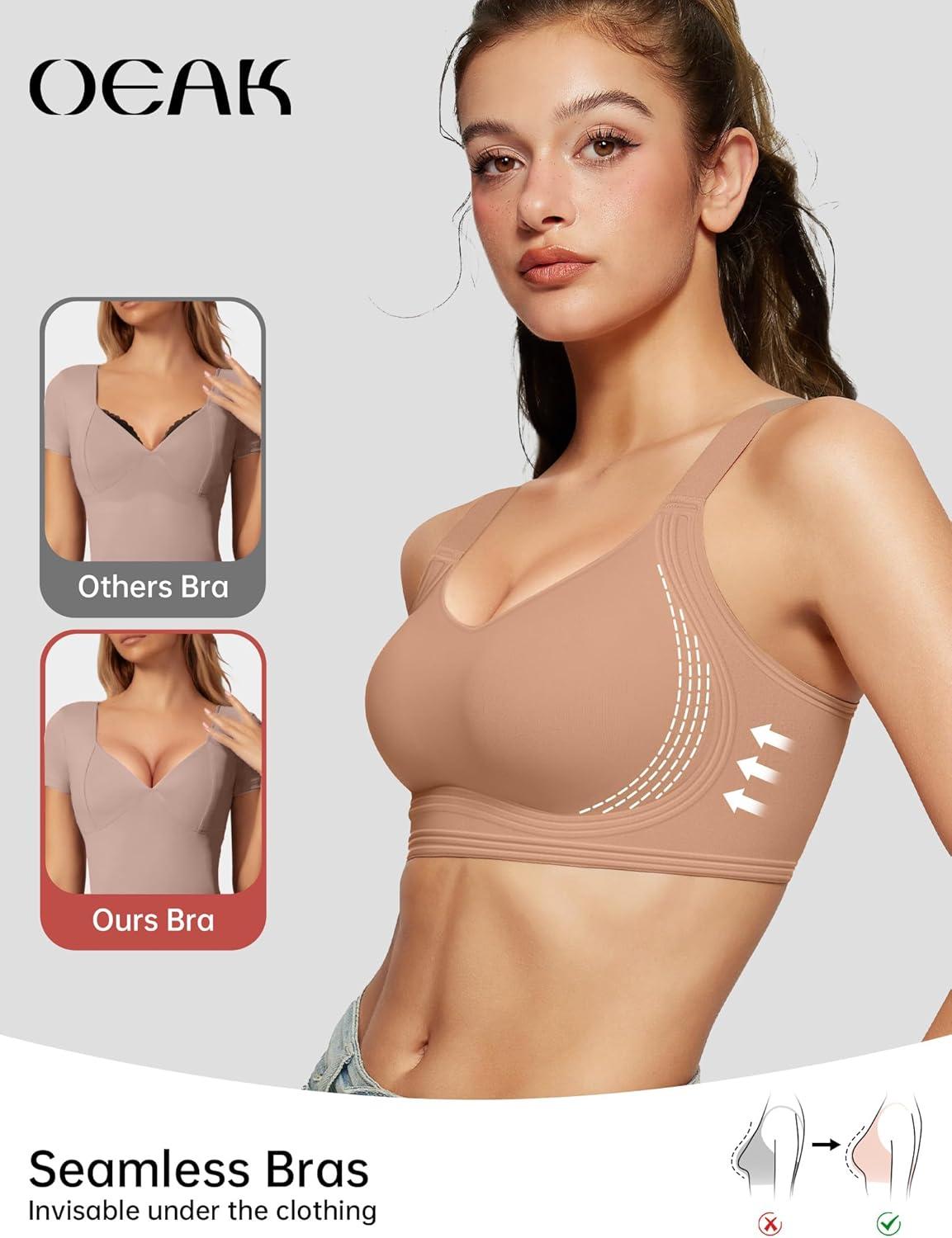 imageOEAK Womens Seamless Push Up Bras No Underwire Full Coverage Comfortable Bra V Neck Bralettes Wireless Everyday BraApricot