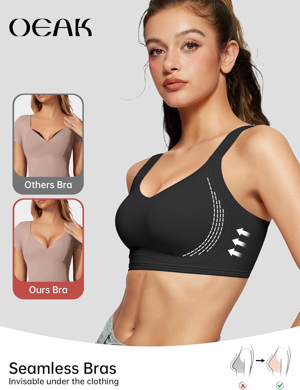 imageOEAK Womens Seamless Push Up Bras No Underwire Full Coverage Comfortable Bra V Neck Bralettes Wireless Everyday BraBlack