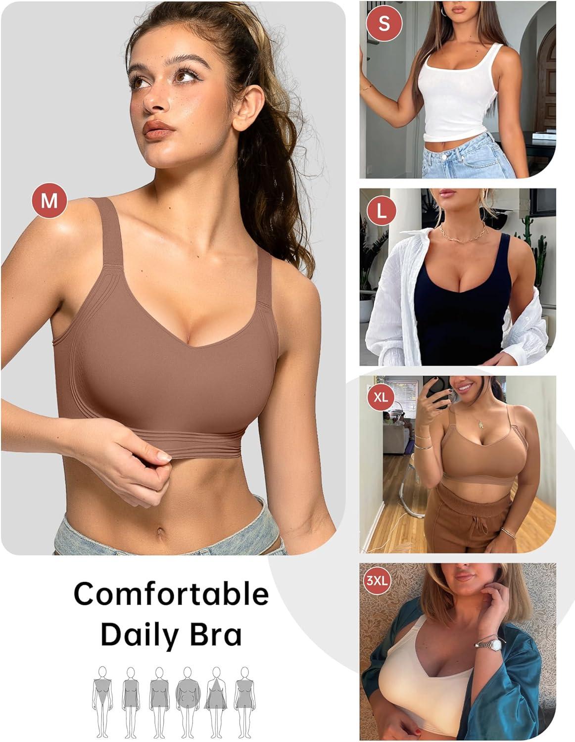 imageOEAK Womens Seamless Push Up Bras No Underwire Full Coverage Comfortable Bra V Neck Bralettes Wireless Everyday BraCoffee
