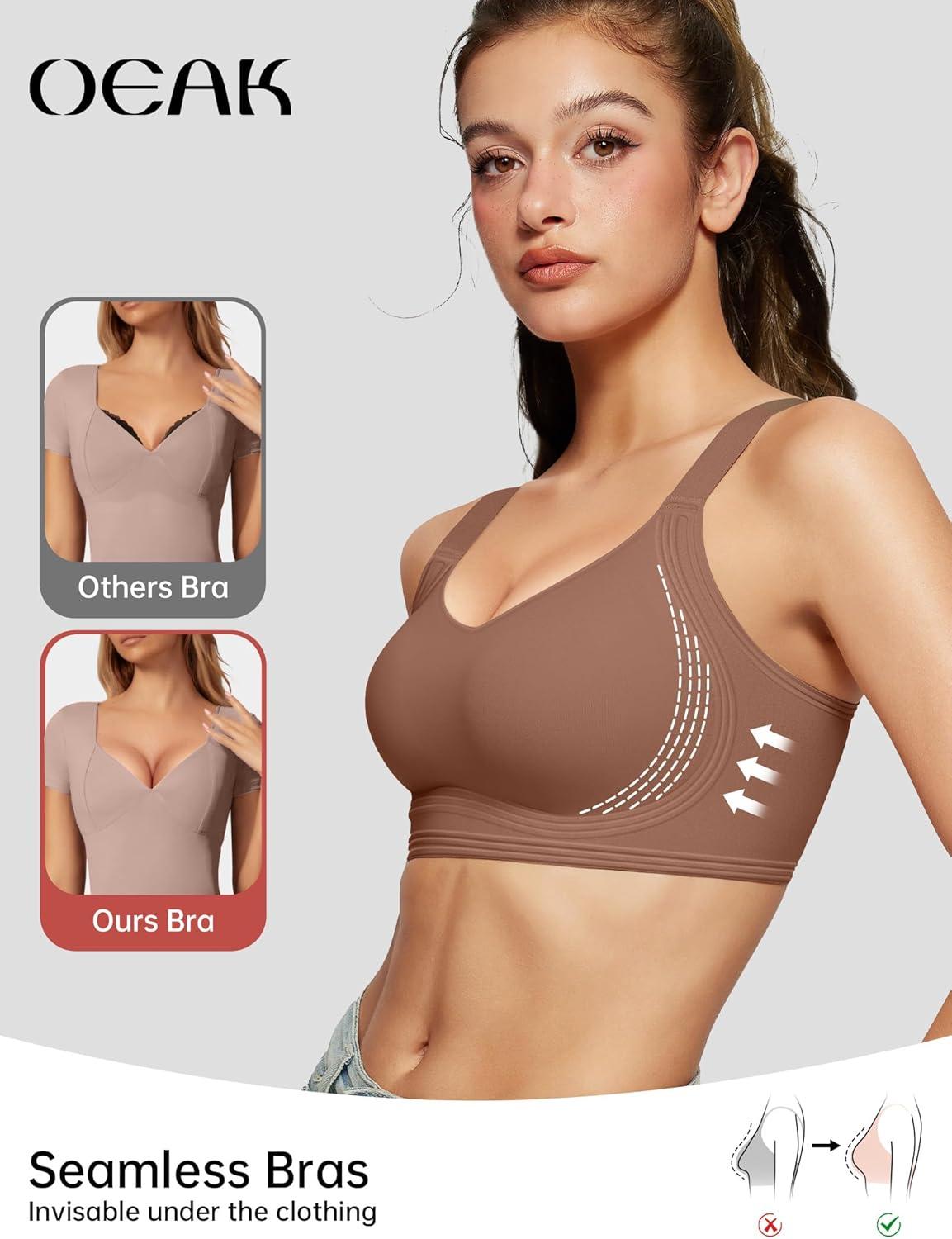 imageOEAK Womens Seamless Push Up Bras No Underwire Full Coverage Comfortable Bra V Neck Bralettes Wireless Everyday BraCoffee