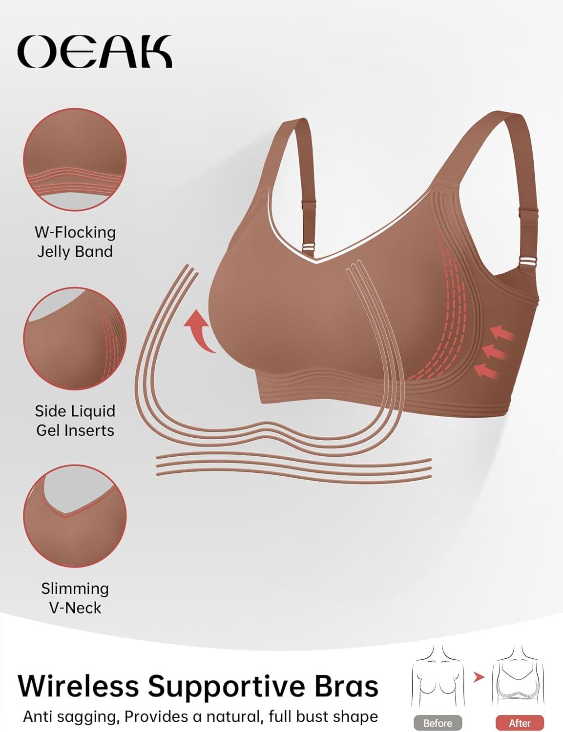 imageOEAK Womens Seamless Push Up Bras No Underwire Full Coverage Comfortable Bra V Neck Bralettes Wireless Everyday BraCoffee