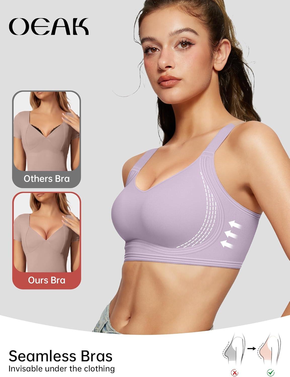 imageOEAK Womens Seamless Push Up Bras No Underwire Full Coverage Comfortable Bra V Neck Bralettes Wireless Everyday BraLight Purple