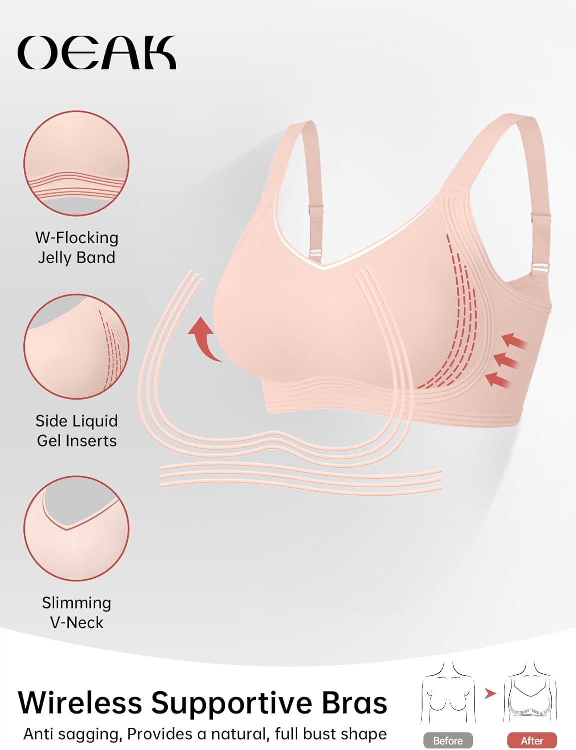 imageOEAK Womens Seamless Push Up Bras No Underwire Full Coverage Comfortable Bra V Neck Bralettes Wireless Everyday BraNude