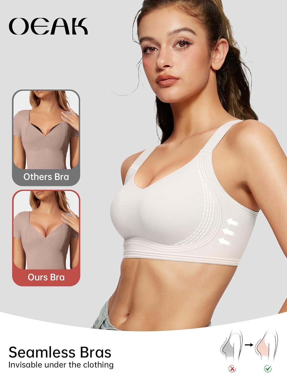 imageOEAK Womens Seamless Push Up Bras No Underwire Full Coverage Comfortable Bra V Neck Bralettes Wireless Everyday BraWhite