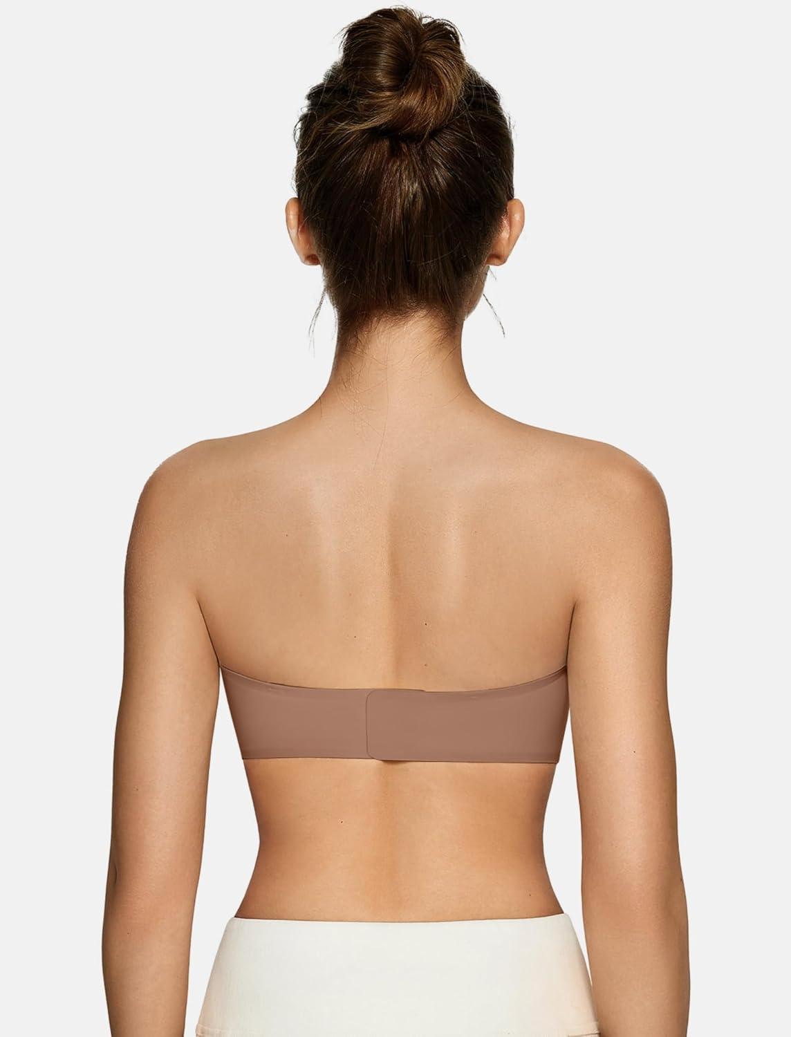 imageOEAK Womens Strapless Bras Push Up Bandeau Bra Non Slip Wireless Supportive Padded Bras Seamless Comfortable Tube Bra XL Coffee