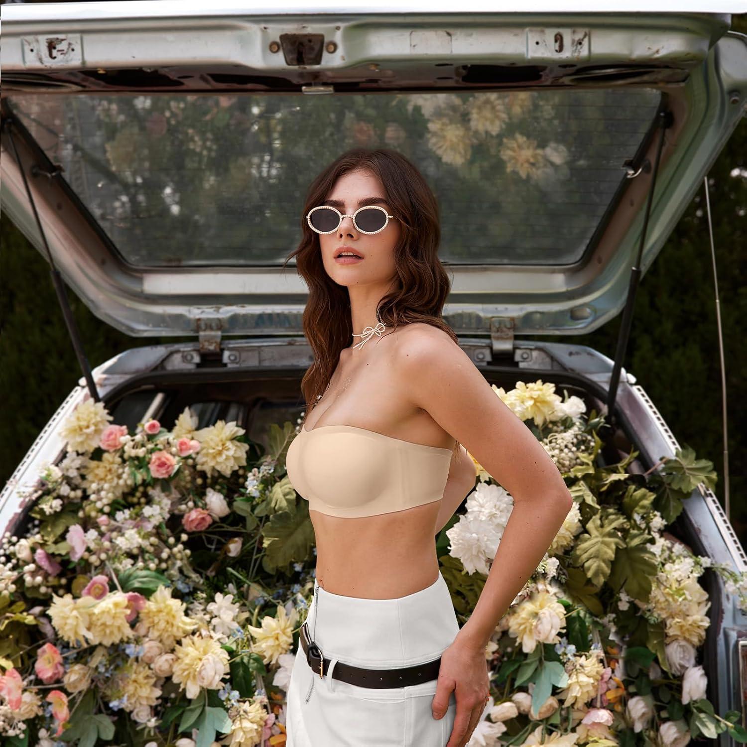 imageOEAK Womens Strapless Bras Push Up Bandeau Bra Non Slip Wireless Supportive Padded Bras Seamless Comfortable Tube BraBeige