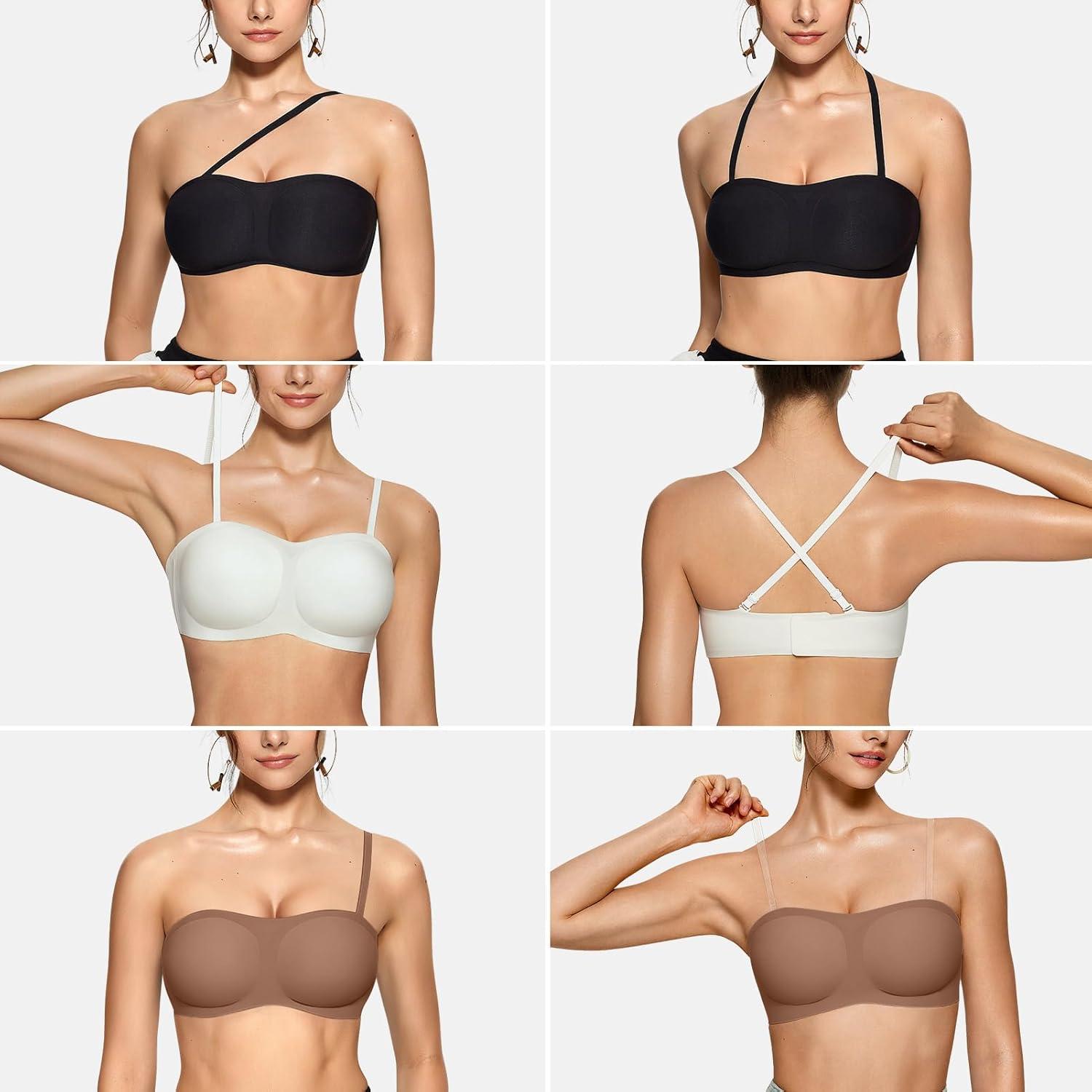 imageOEAK Womens Strapless Bras Push Up Bandeau Bra Non Slip Wireless Supportive Padded Bras Seamless Comfortable Tube BraCoffee