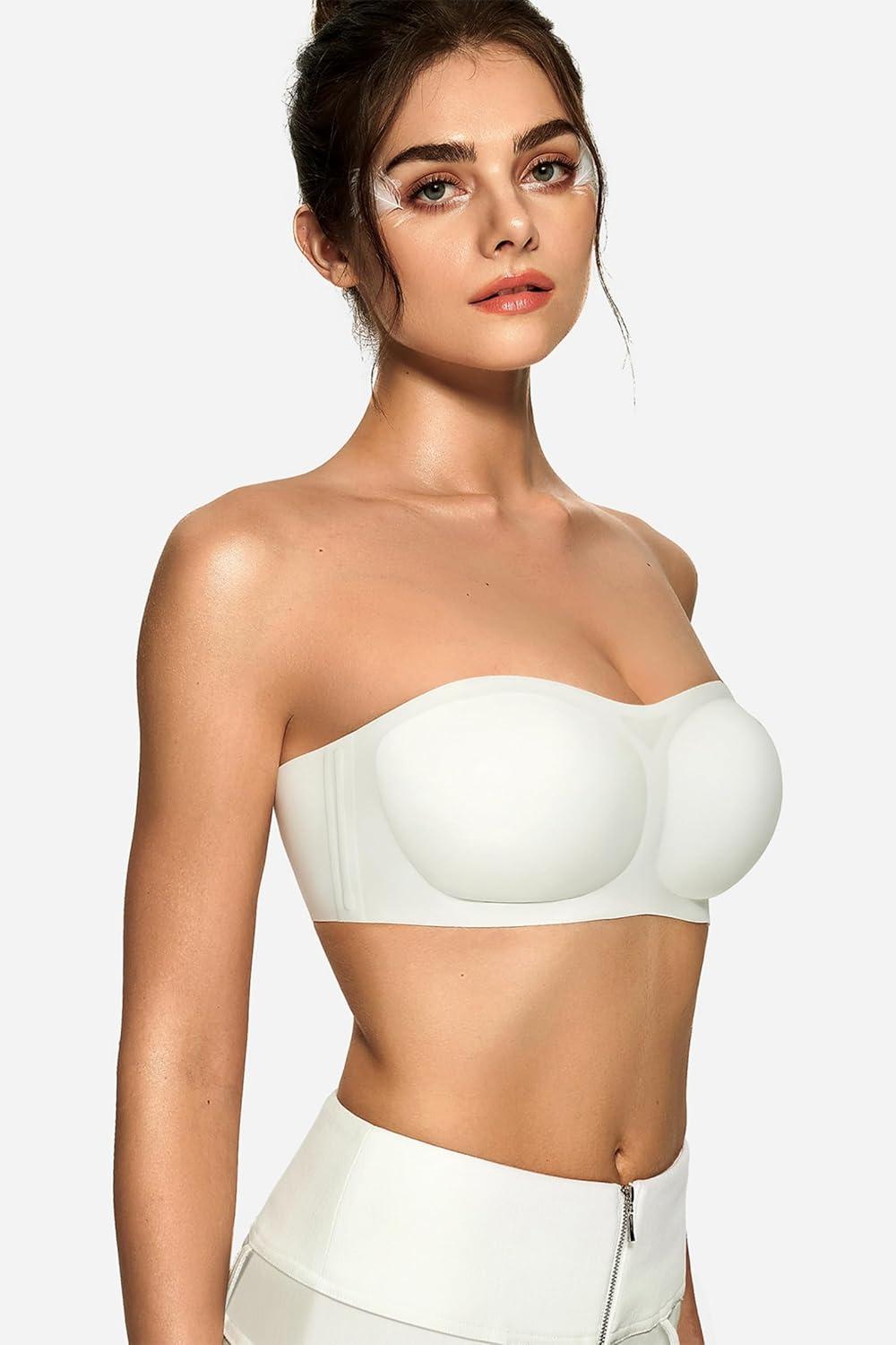 imageOEAK Womens Strapless Bras Push Up Bandeau Bra Non Slip Wireless Supportive Padded Bras Seamless Comfortable Tube BraWhite