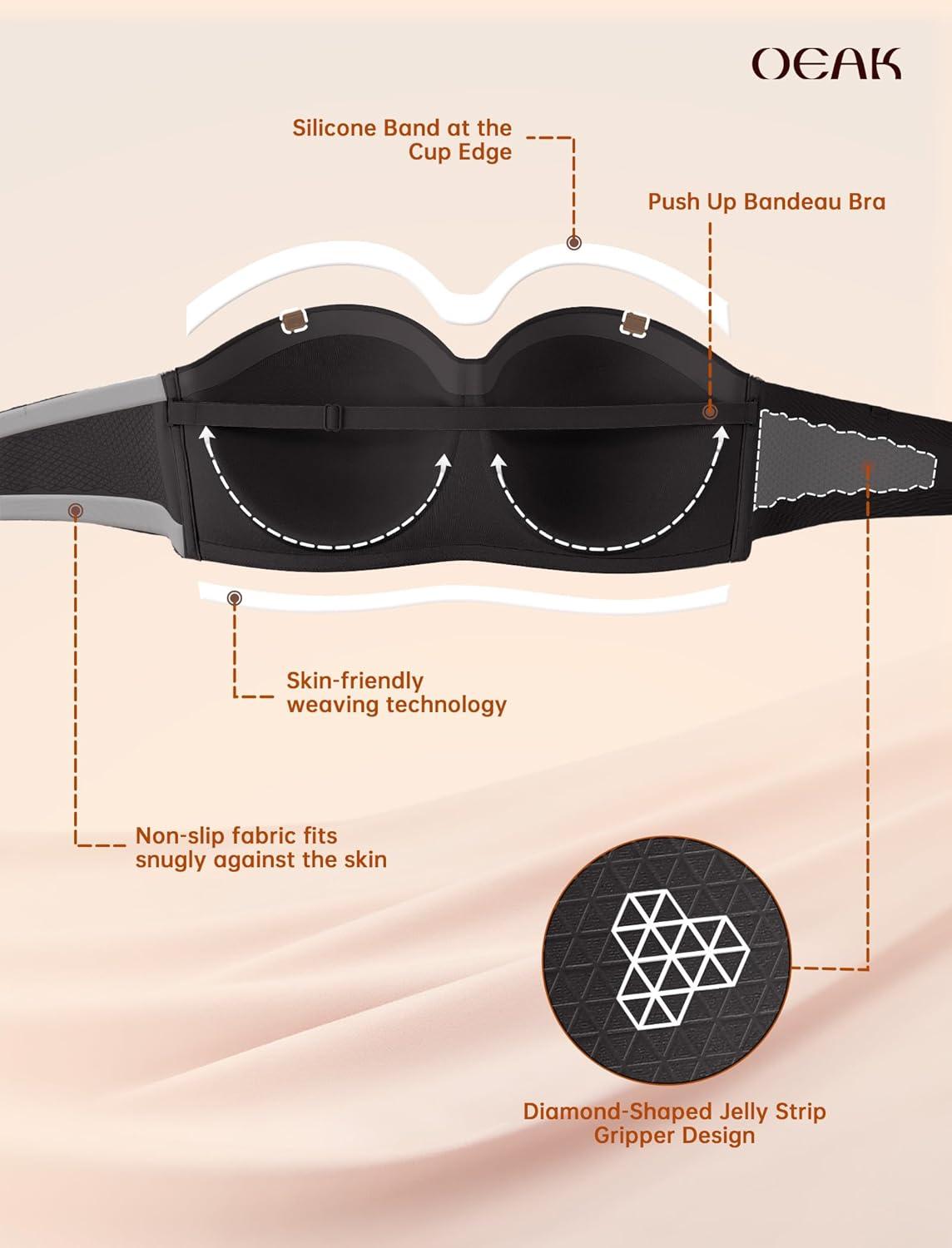 imageOEAK Womens Strapless Bras Underwire NonSlip Tube Top Push Up Bralette Seamless Padded Bandeau Bra Everyday Convertible Bra Black 38DD