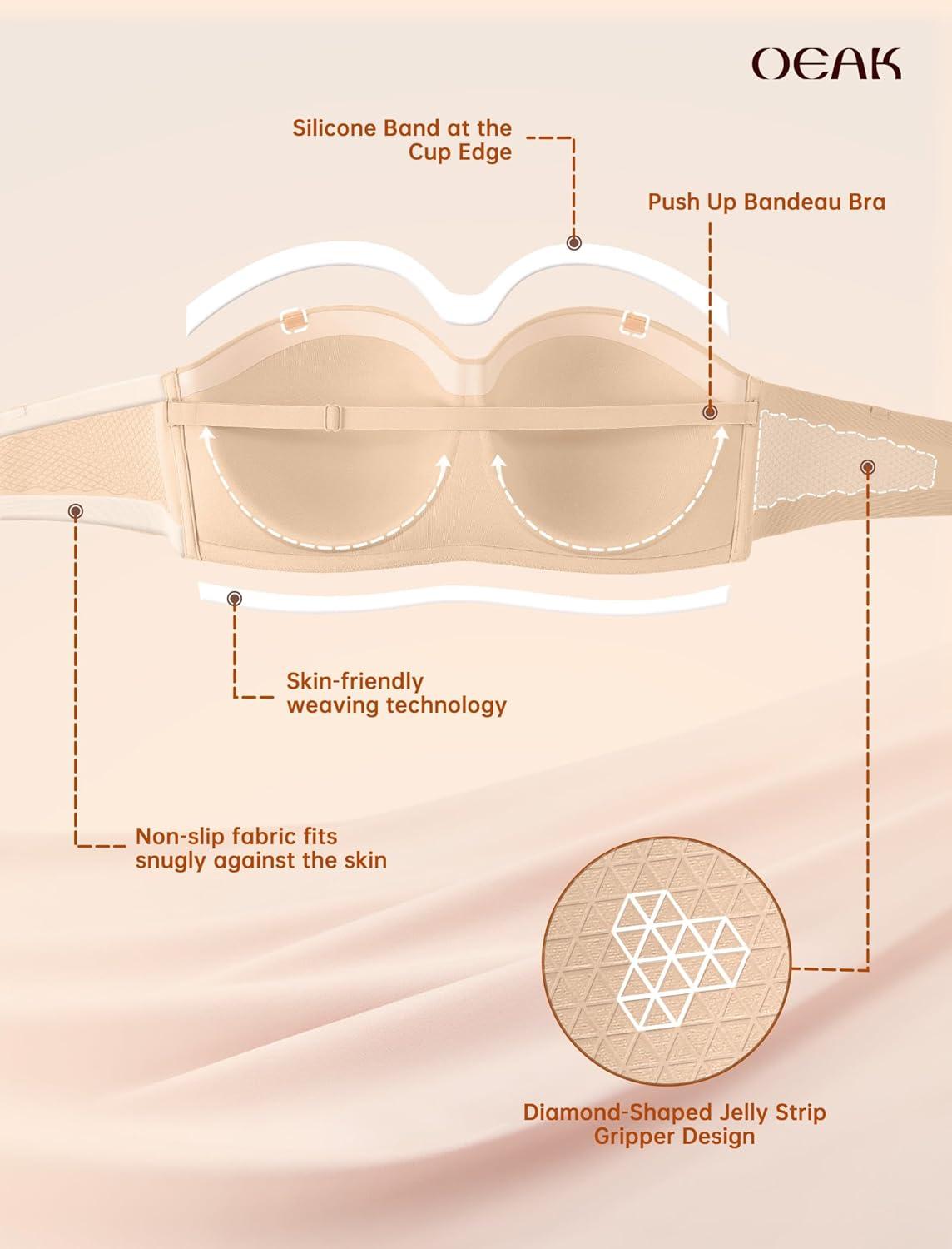 imageOEAK Womens Strapless Bras Underwire NonSlip Tube Top Push Up Bralette Seamless Padded Bandeau Bra Nude 40D