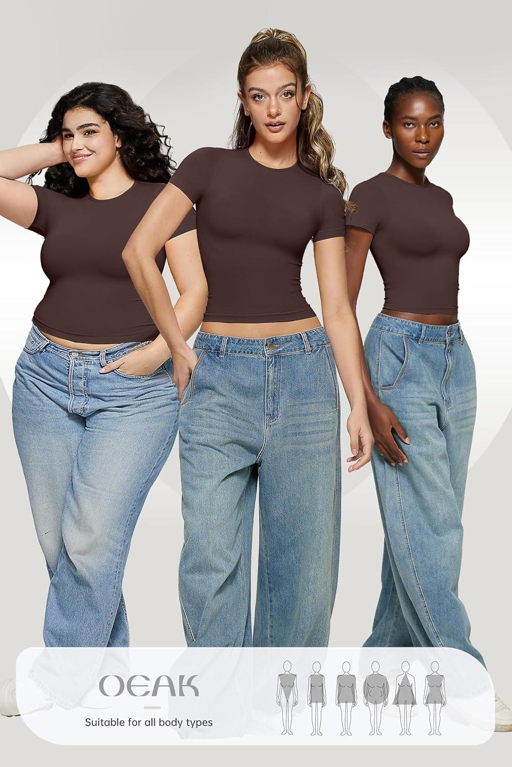 imageOEAK Womens TShirts Short Sleeve Shirts Crew Neck Basic Tees Soft Smoothing Seamless Tshirts Slim Fit Going Out Trendy TopsBrown