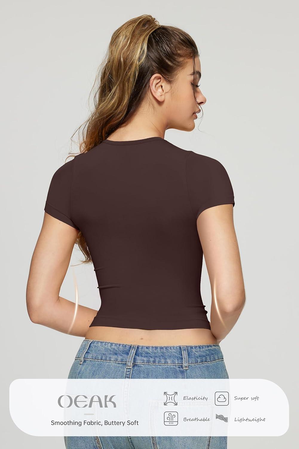 imageOEAK Womens TShirts Short Sleeve Shirts Crew Neck Basic Tees Soft Smoothing Seamless Tshirts Slim Fit Going Out Trendy TopsBrown