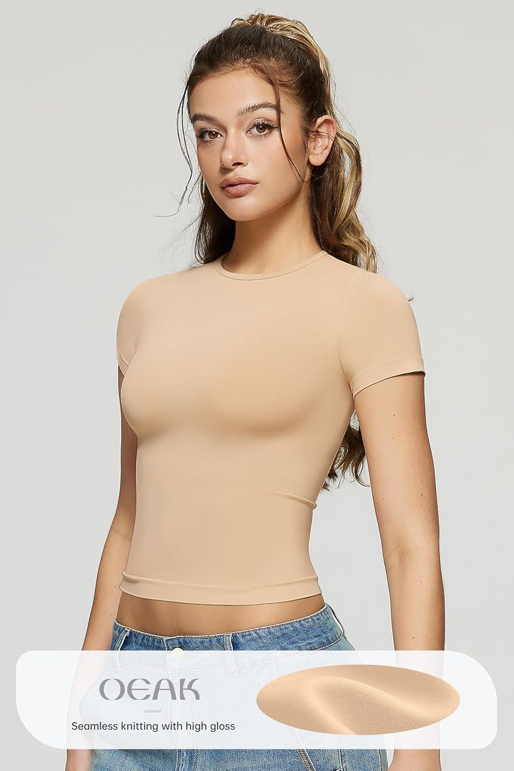 imageOEAK Womens TShirts Short Sleeve Shirts Crew Neck Basic Tees Soft Smoothing Seamless Tshirts Slim Fit Going Out Trendy TopsClay Color