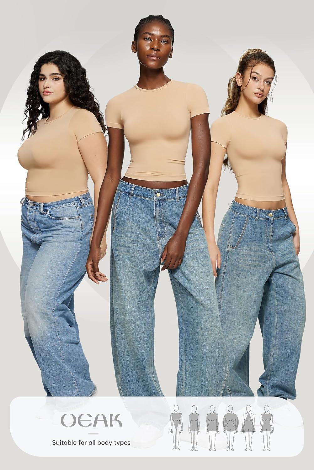 imageOEAK Womens TShirts Short Sleeve Shirts Crew Neck Basic Tees Soft Smoothing Seamless Tshirts Slim Fit Going Out Trendy TopsClay Color