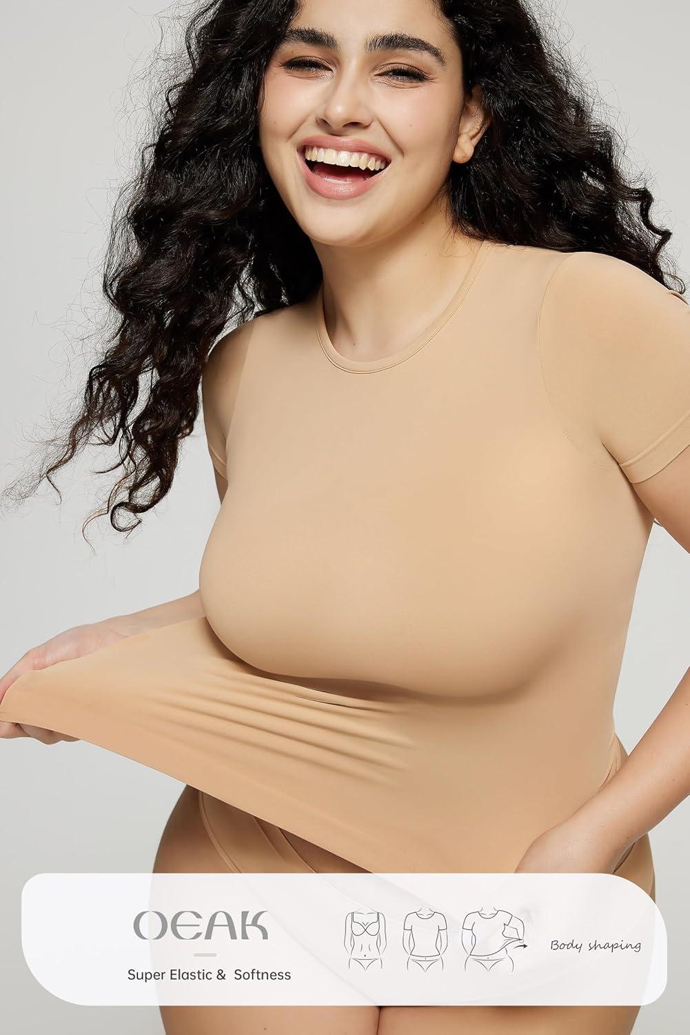 imageOEAK Womens TShirts Short Sleeve Shirts Crew Neck Basic Tees Soft Smoothing Seamless Tshirts Slim Fit Going Out Trendy TopsClay Color