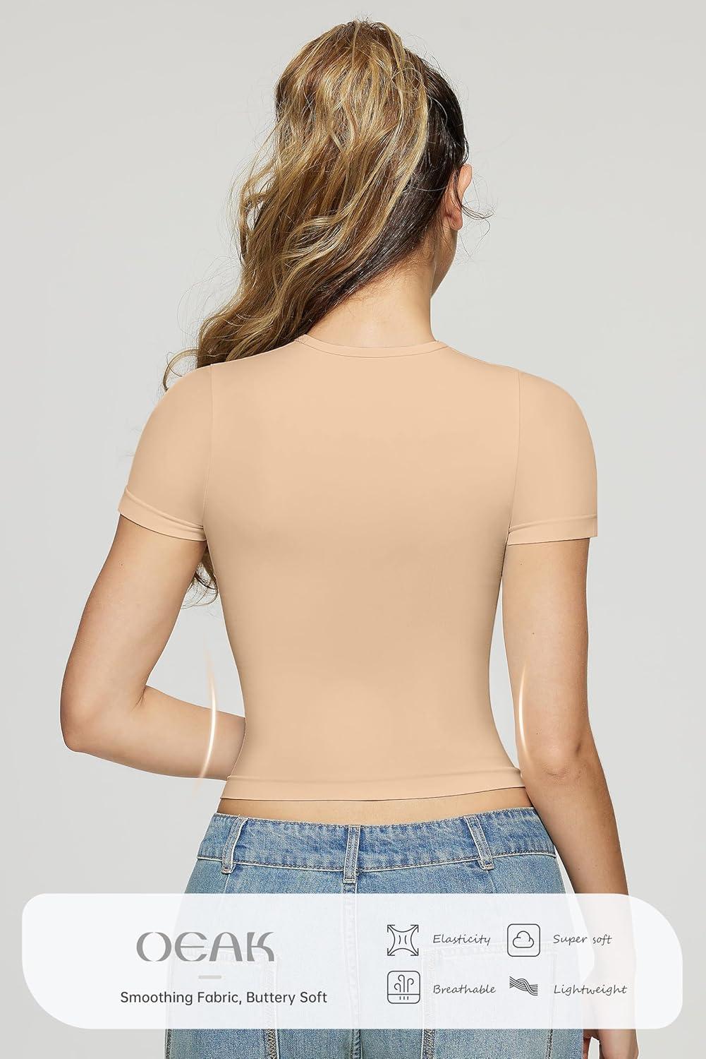 imageOEAK Womens TShirts Short Sleeve Shirts Crew Neck Basic Tees Soft Smoothing Seamless Tshirts Slim Fit Going Out Trendy TopsClay Color