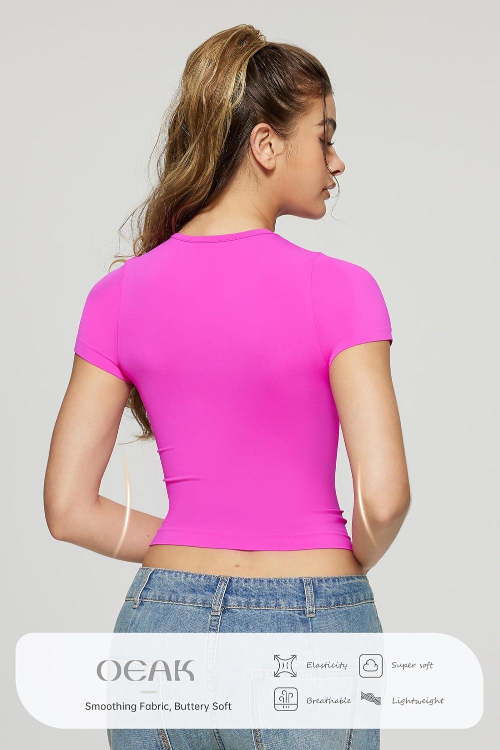 imageOEAK Womens TShirts Short Sleeve Shirts Crew Neck Basic Tees Soft Smoothing Seamless Tshirts Slim Fit Going Out Trendy TopsHot Pink