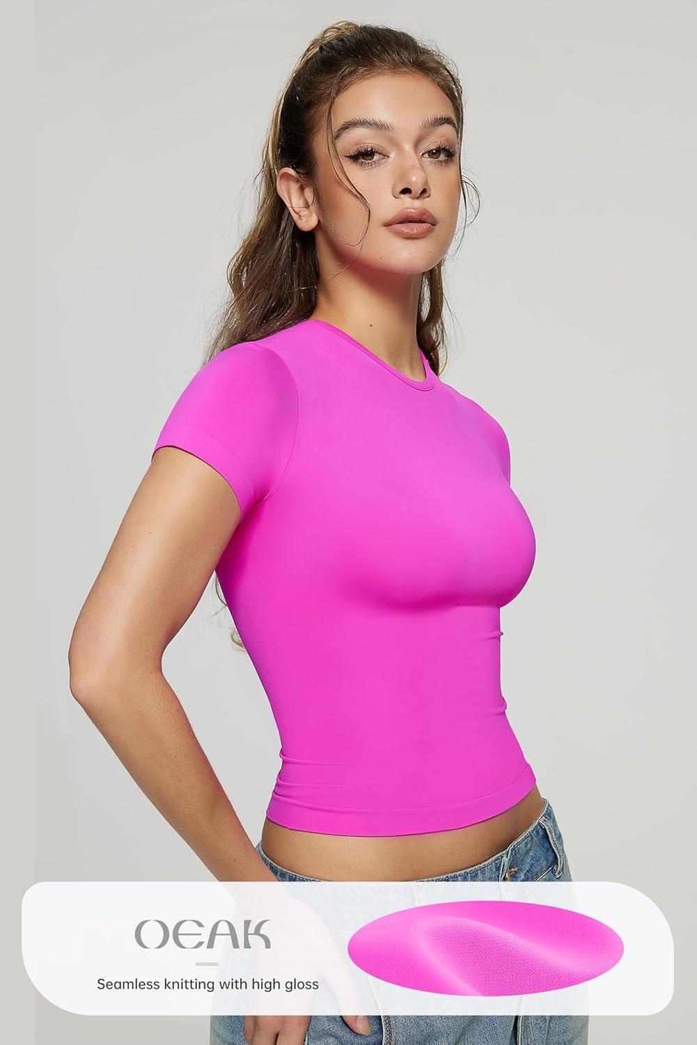 imageOEAK Womens TShirts Short Sleeve Shirts Crew Neck Basic Tees Soft Smoothing Seamless Tshirts Slim Fit Going Out Trendy TopsHot Pink