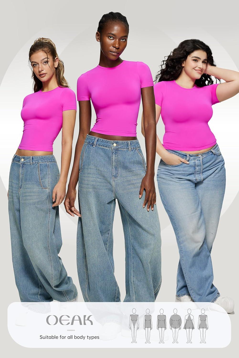 imageOEAK Womens TShirts Short Sleeve Shirts Crew Neck Basic Tees Soft Smoothing Seamless Tshirts Slim Fit Going Out Trendy TopsHot Pink