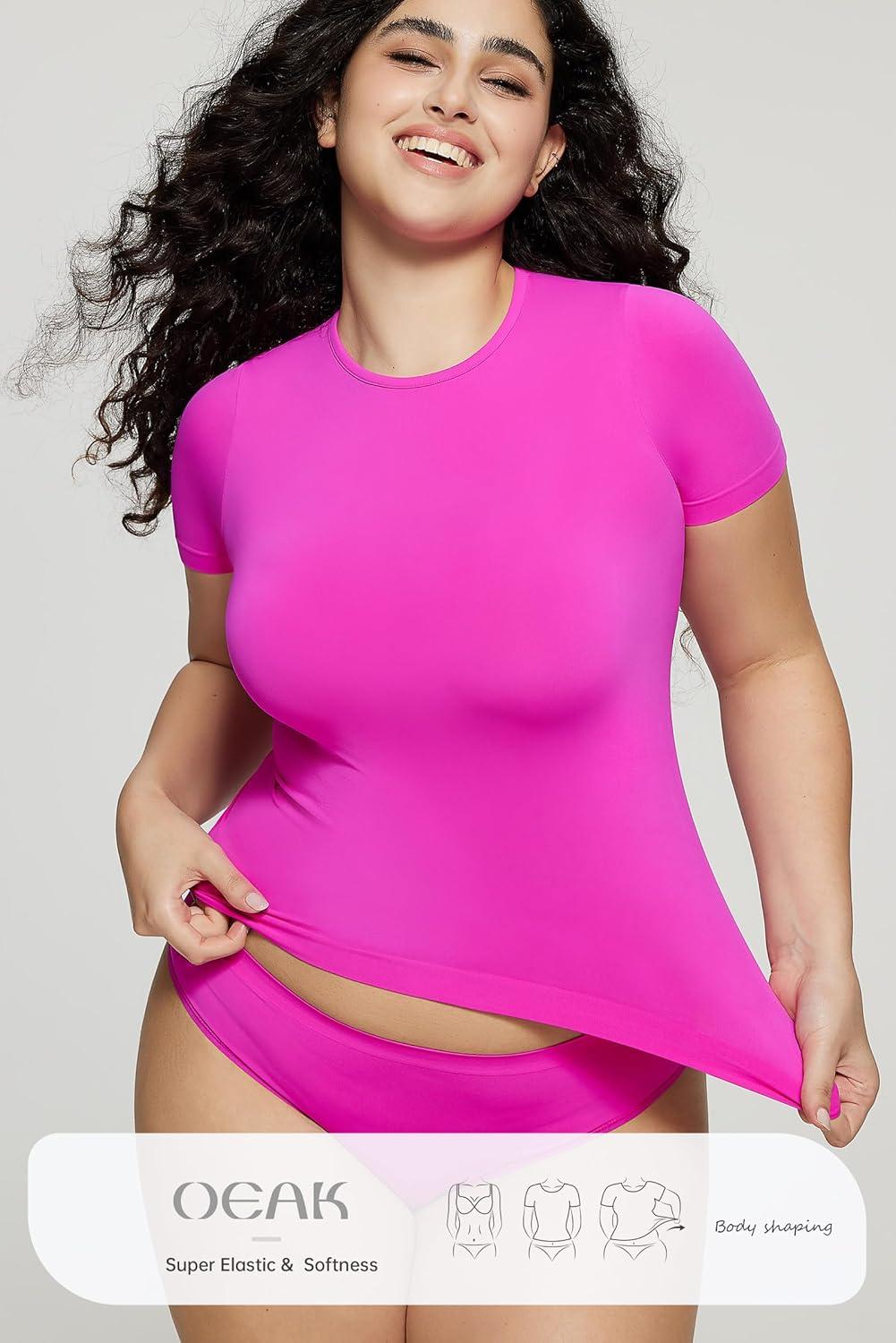 imageOEAK Womens TShirts Short Sleeve Shirts Crew Neck Basic Tees Soft Smoothing Seamless Tshirts Slim Fit Going Out Trendy TopsHot Pink