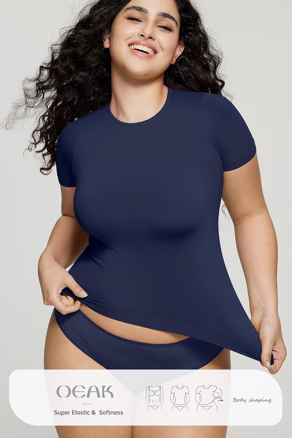 imageOEAK Womens TShirts Short Sleeve Shirts Crew Neck Basic Tees Soft Smoothing Seamless Tshirts Slim Fit Going Out Trendy TopsNavy