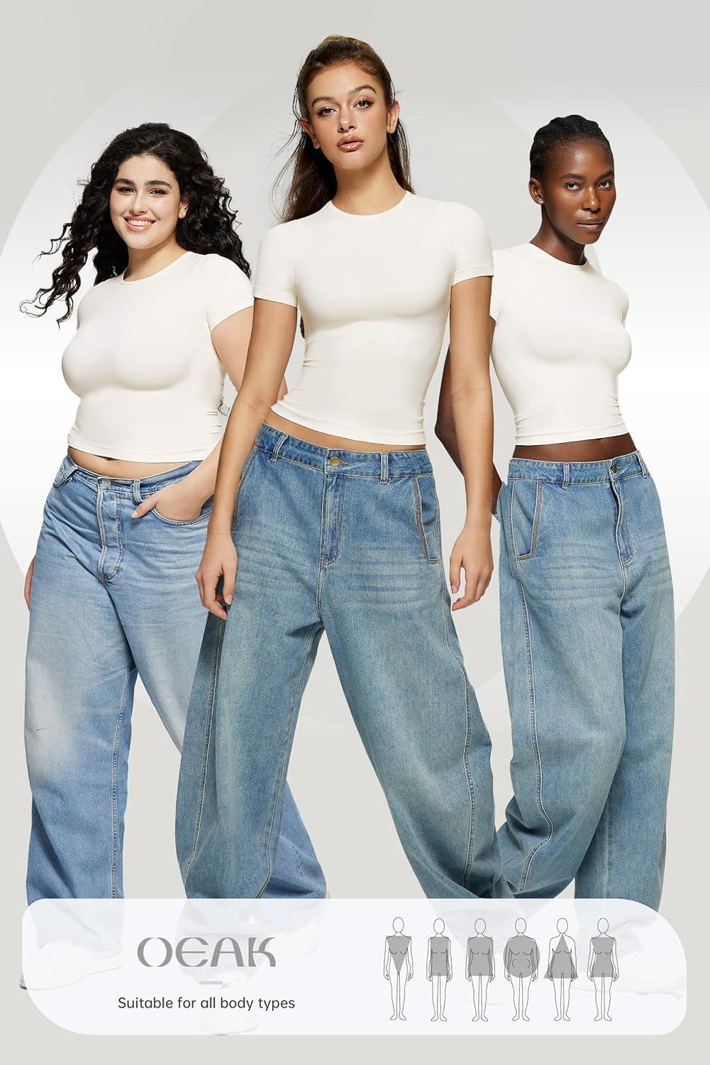 imageOEAK Womens TShirts Short Sleeve Shirts Crew Neck Basic Tees Soft Smoothing Seamless Tshirts Slim Fit Going Out Trendy TopsWhite