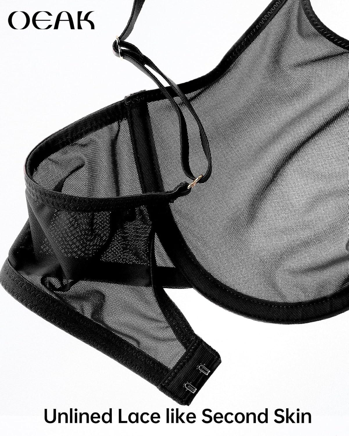 imageOEAK Womens Unlined Balconette Bra Sheer Mesh Bras Underwire Plunge Bralette See Through Demi Bra Seamless Tshirt BrasBlack