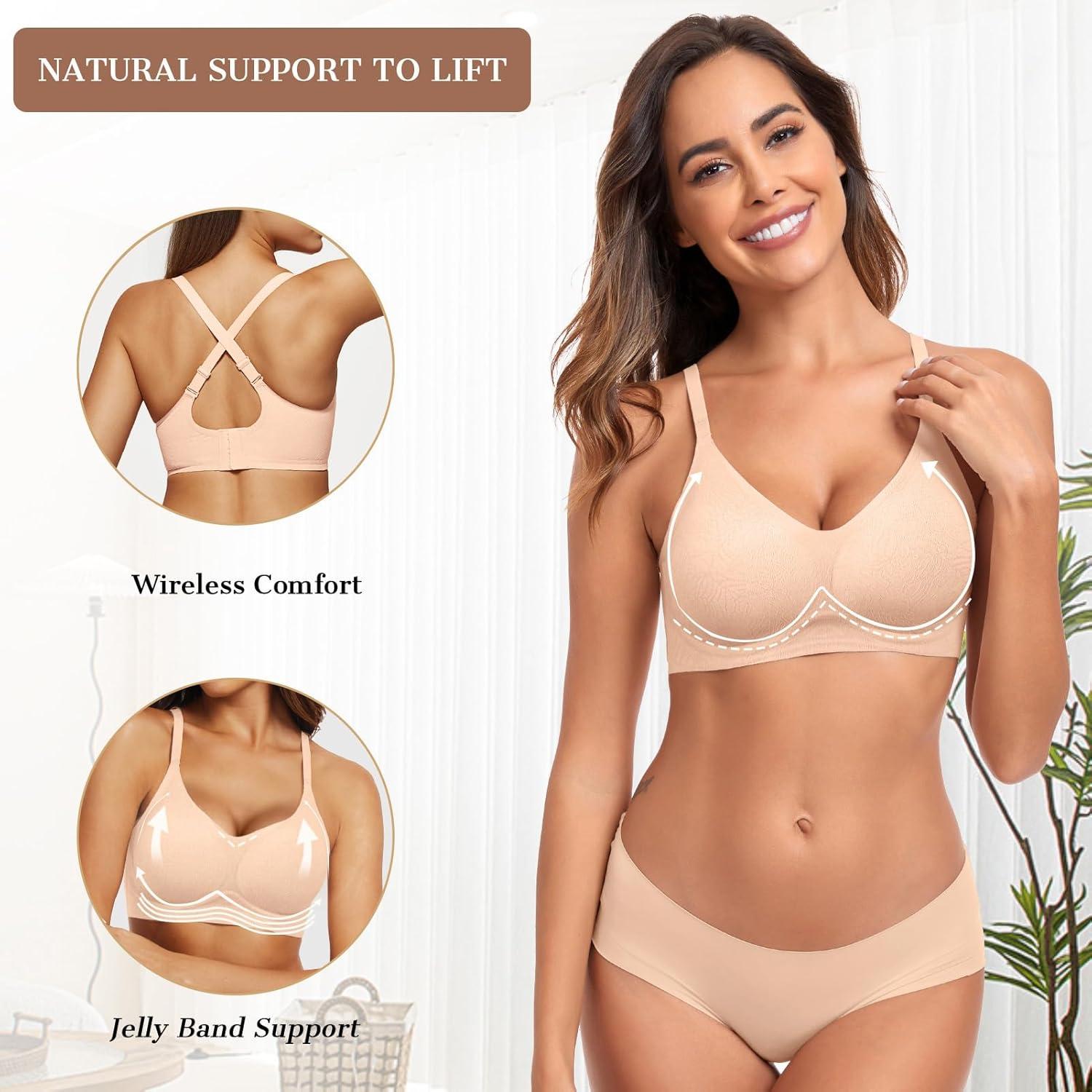 imageOEAK Womens Wireless Bras Comfortable Push Up Bra No Underwire Bra Full Support Lift Bralette Everyday Seamless Tshirt Bras Jacquard Nude XXL