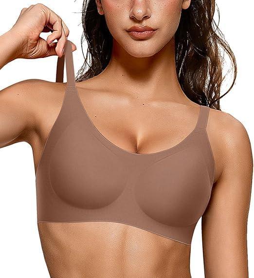 imageOEAK Womens Wireless Bras Comfortable Push Up Bra Smooth U Neck Bralette Full Coverage Bras Seamless Tshirt Everyday BrasCoffee
