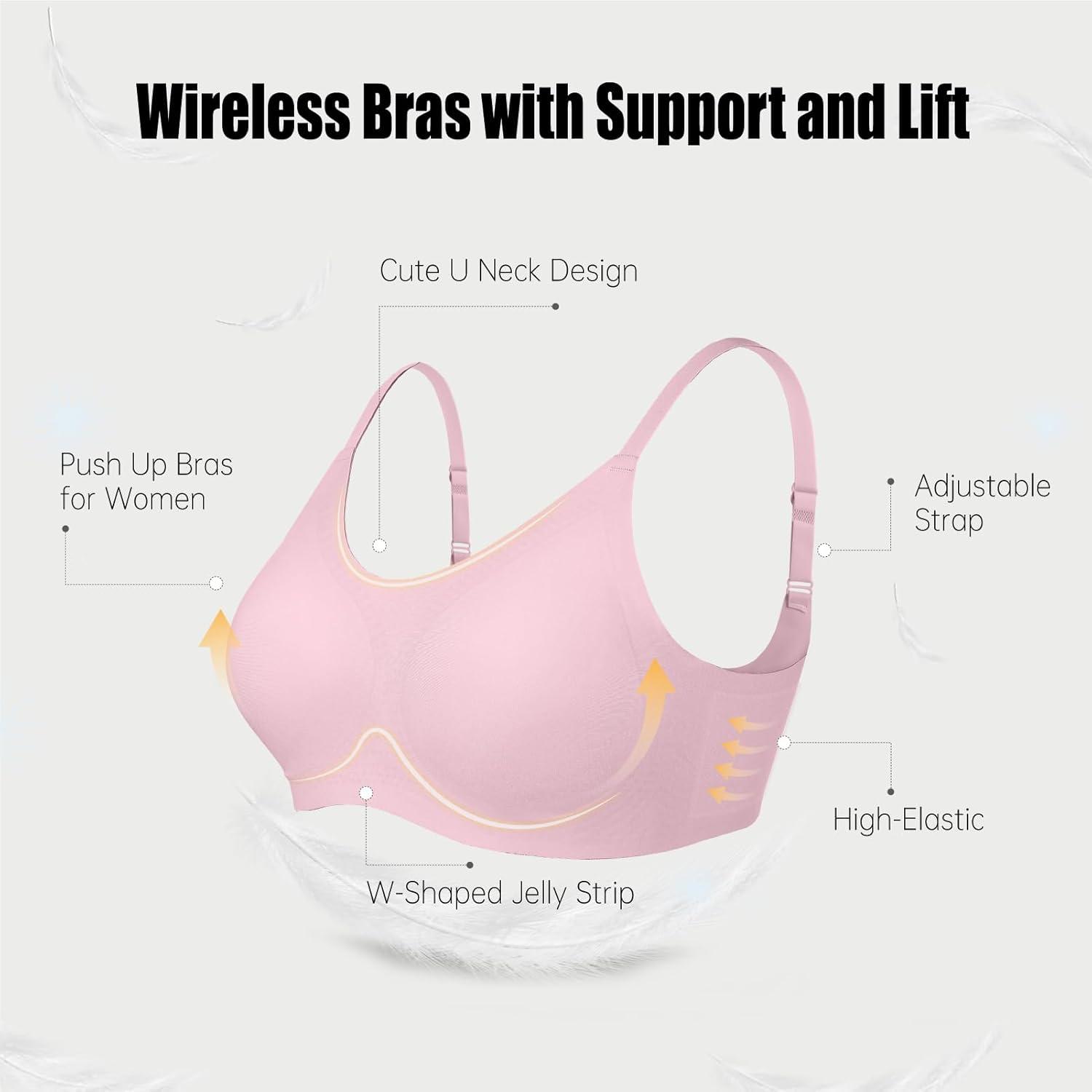 imageOEAK Womens Wireless Bras Comfortable Push Up Bra Smooth U Neck Bralette Full Coverage Bras Seamless Tshirt Everyday BrasPink