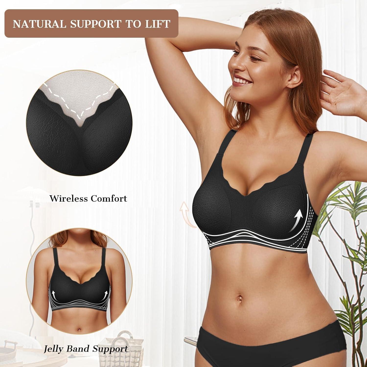 imageOEAK Womens Wireless Bras Push Up Support Full Coverage Bralettes No Underwire Bra Comfortable Everyday Seamless Tshirt BrasBlack With Jcquard Wave