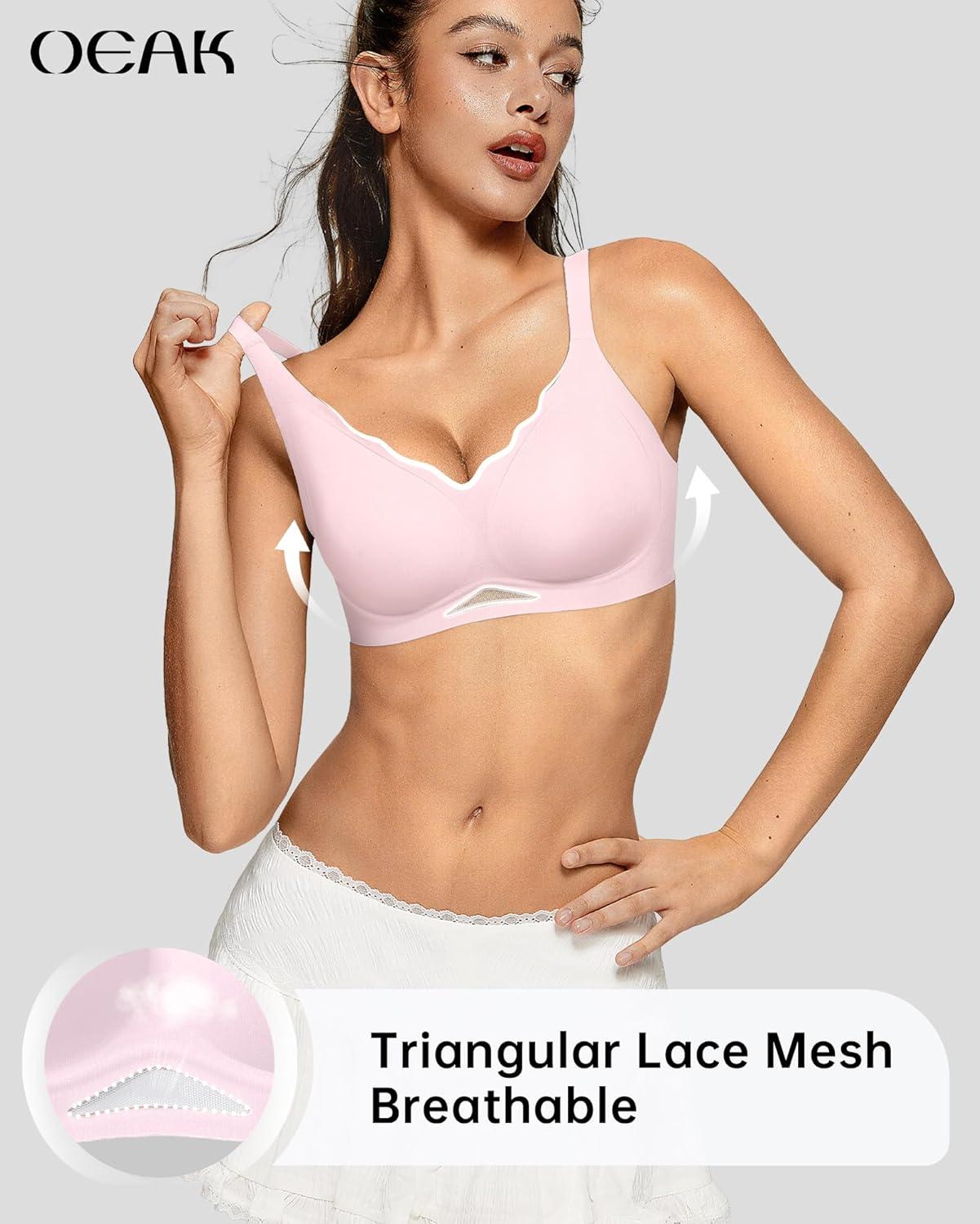 imageOEAK Womens Wireless Bras Scalloped Push Up Bralettes No Underwire Supportive Tshirt Bra Seamless Comfortable Everyday Bras 3XL Pink