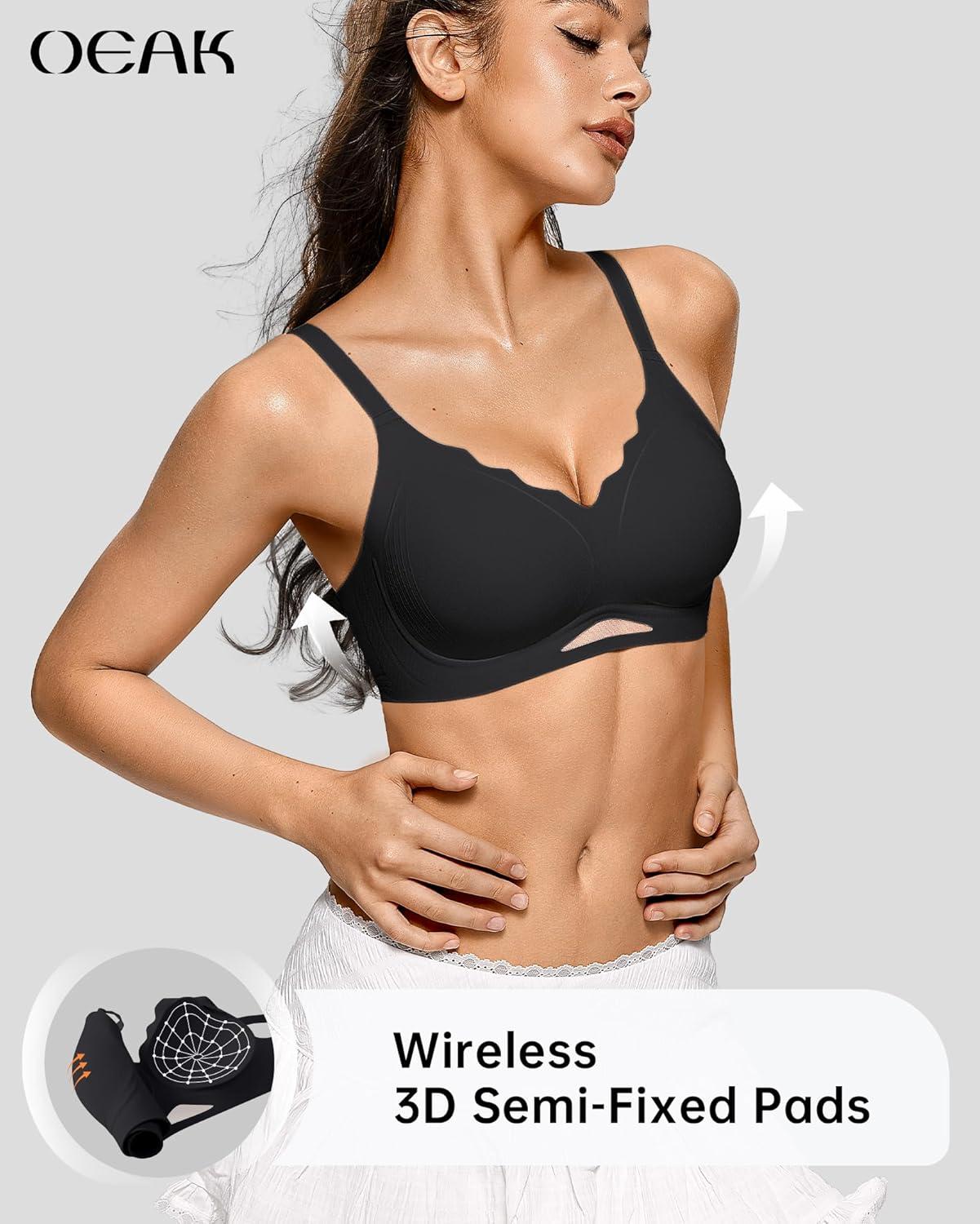 imageOEAK Womens Wireless Bras Scalloped Push Up Bralettes No Underwire Supportive Tshirt Bra Seamless Comfortable Everyday Bras XXL Black