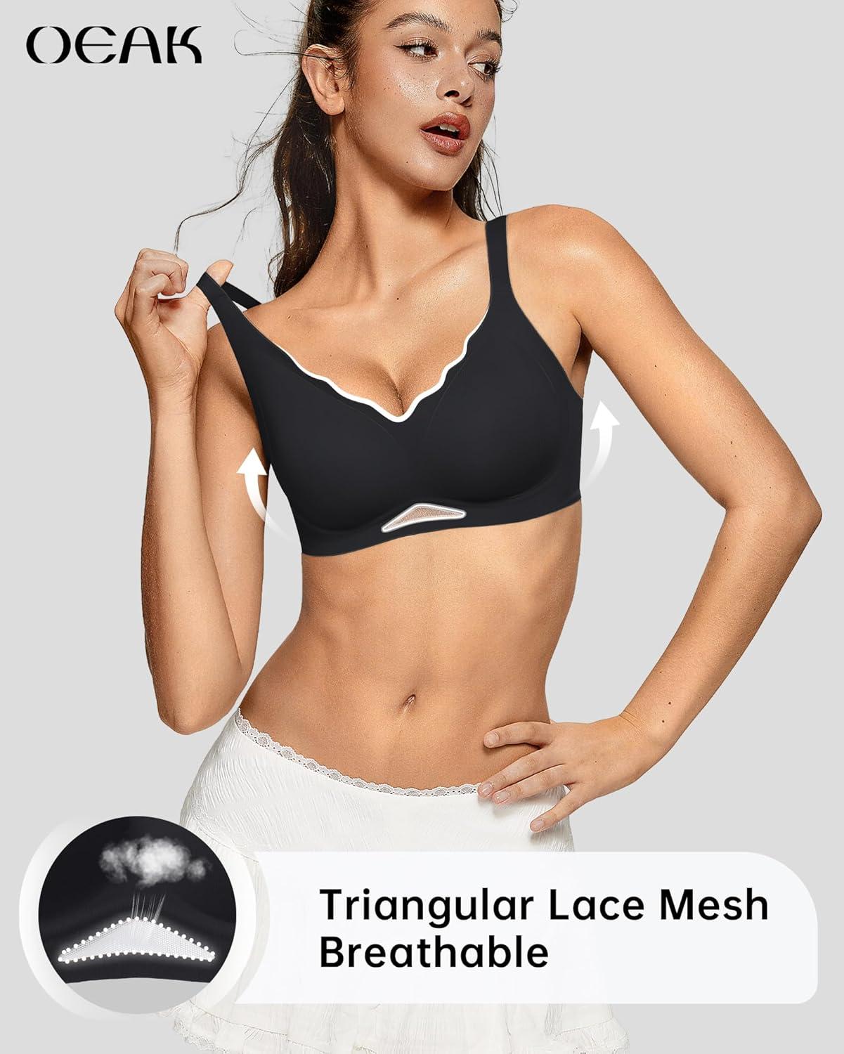 imageOEAK Womens Wireless Bras Scalloped Push Up Bralettes No Underwire Supportive Tshirt Bra Seamless Comfortable Everyday BrasBlack